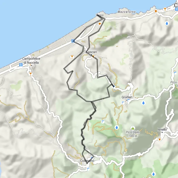 Miniatura della mappa di ispirazione al ciclismo "Giro in bicicletta da Collesano a Cozzo Carbone e Poggio Grotta del Signore" nella regione di Sicilia, Italy. Generata da Tarmacs.app, pianificatore di rotte ciclistiche