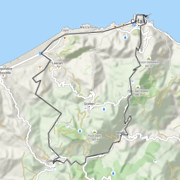Map miniature of "Coastal Delights: Cefalù Loop" cycling inspiration in Sicilia, Italy. Generated by Tarmacs.app cycling route planner