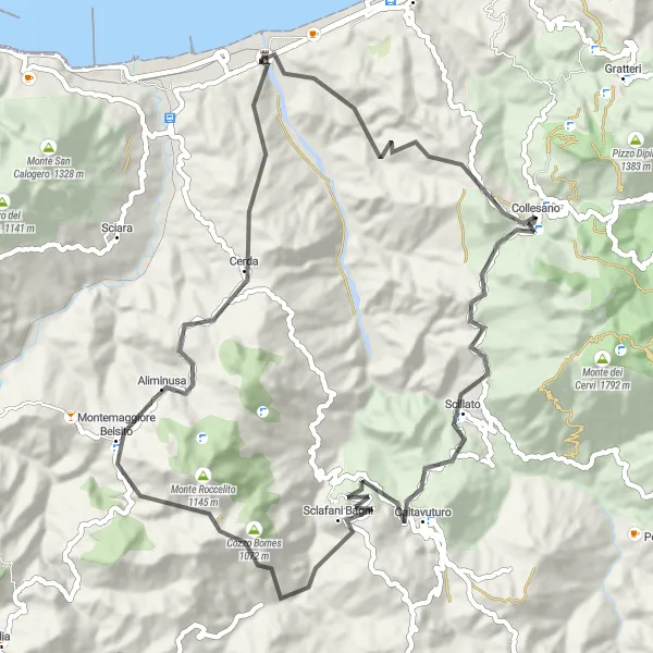 Map miniature of "Explore the Charming Villages" cycling inspiration in Sicilia, Italy. Generated by Tarmacs.app cycling route planner