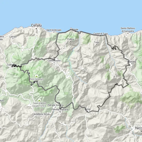 Map miniature of "Challenging Mountain Climbs: Collesano to Punta Tomasina" cycling inspiration in Sicilia, Italy. Generated by Tarmacs.app cycling route planner