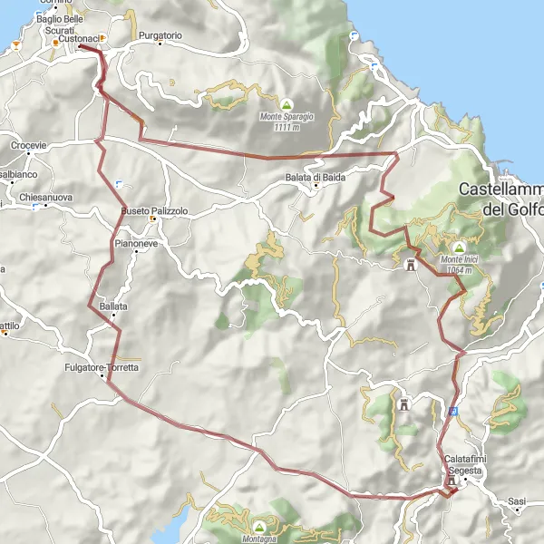 Map miniature of "Rural Gravel Adventure near Custonaci" cycling inspiration in Sicilia, Italy. Generated by Tarmacs.app cycling route planner