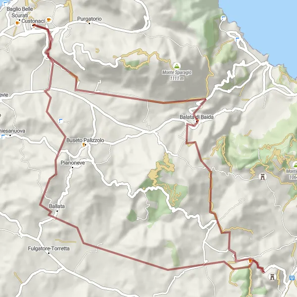 Miniatura della mappa di ispirazione al ciclismo "Avventura in Gravel nei pressi di Custonaci" nella regione di Sicilia, Italy. Generata da Tarmacs.app, pianificatore di rotte ciclistiche