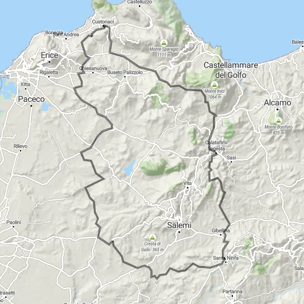 Miniatura della mappa di ispirazione al ciclismo "Tour in bicicletta da Custonaci a Monte Scorace e ritorno" nella regione di Sicilia, Italy. Generata da Tarmacs.app, pianificatore di rotte ciclistiche