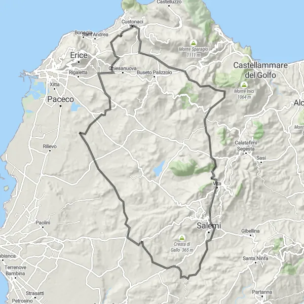 Miniatura della mappa di ispirazione al ciclismo "Esplorazione ciclistica tra monti e valle" nella regione di Sicilia, Italy. Generata da Tarmacs.app, pianificatore di rotte ciclistiche