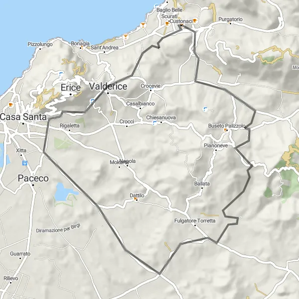 Map miniature of "Tranquil Escape: The Scenic Delights of Valderice" cycling inspiration in Sicilia, Italy. Generated by Tarmacs.app cycling route planner