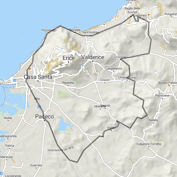 Miniatura della mappa di ispirazione al ciclismo "Giro in bici da Custonaci" nella regione di Sicilia, Italy. Generata da Tarmacs.app, pianificatore di rotte ciclistiche