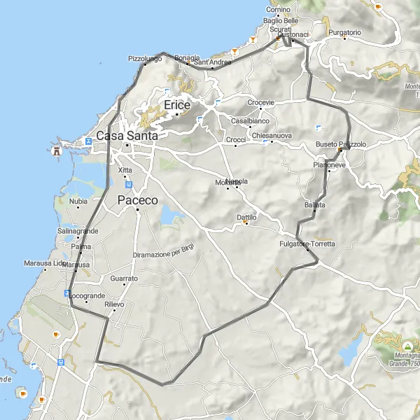 Map miniature of "The Trapani Coastal Loop" cycling inspiration in Sicilia, Italy. Generated by Tarmacs.app cycling route planner