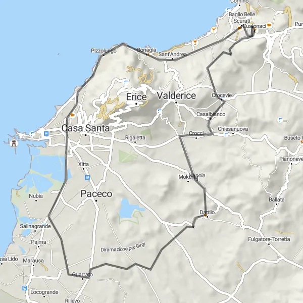 Miniatura della mappa di ispirazione al ciclismo "Giro in bicicletta da Custonaci a Casalbianco e ritorno" nella regione di Sicilia, Italy. Generata da Tarmacs.app, pianificatore di rotte ciclistiche