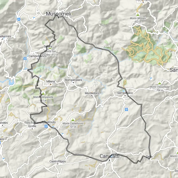 Map miniature of "The Mountain Challenge: Canicattì to Serradifalco" cycling inspiration in Sicilia, Italy. Generated by Tarmacs.app cycling route planner