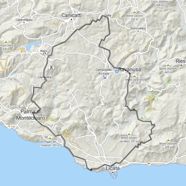 Map miniature of "Ravanusa to Palma di Montechiaro Loop" cycling inspiration in Sicilia, Italy. Generated by Tarmacs.app cycling route planner