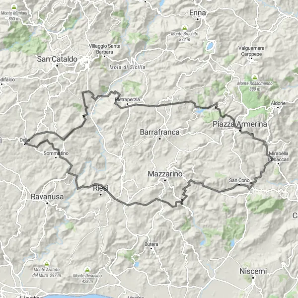 Map miniature of "Delia - Monte Formaggio Loop" cycling inspiration in Sicilia, Italy. Generated by Tarmacs.app cycling route planner