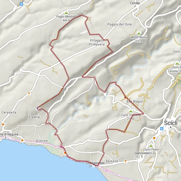 Map miniature of "Scenic Gravel Route to Poggio Mendolilli" cycling inspiration in Sicilia, Italy. Generated by Tarmacs.app cycling route planner