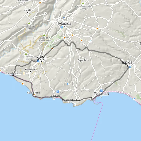 Miniatura della mappa di ispirazione al ciclismo "Giro in bicicletta Donnalucata - Cava d'Aliga" nella regione di Sicilia, Italy. Generata da Tarmacs.app, pianificatore di rotte ciclistiche