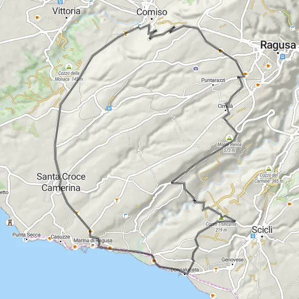 Map miniature of "Santa Croce Camerina Road Loop" cycling inspiration in Sicilia, Italy. Generated by Tarmacs.app cycling route planner