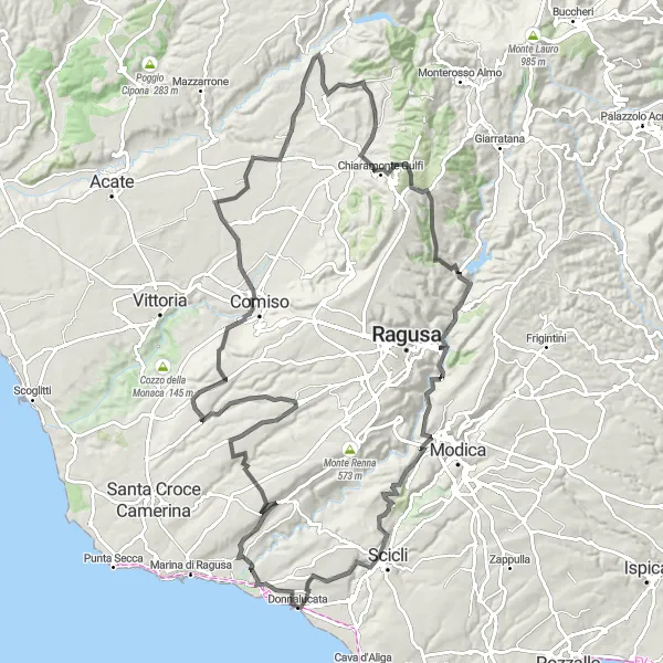 Map miniature of "Donnalucata to Chiaramonte Gulfi Challenge" cycling inspiration in Sicilia, Italy. Generated by Tarmacs.app cycling route planner