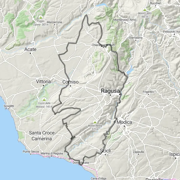 Miniatura della mappa di ispirazione al ciclismo "Avventura ciclistica Donnalucata - Chiaramonte Gulfi" nella regione di Sicilia, Italy. Generata da Tarmacs.app, pianificatore di rotte ciclistiche