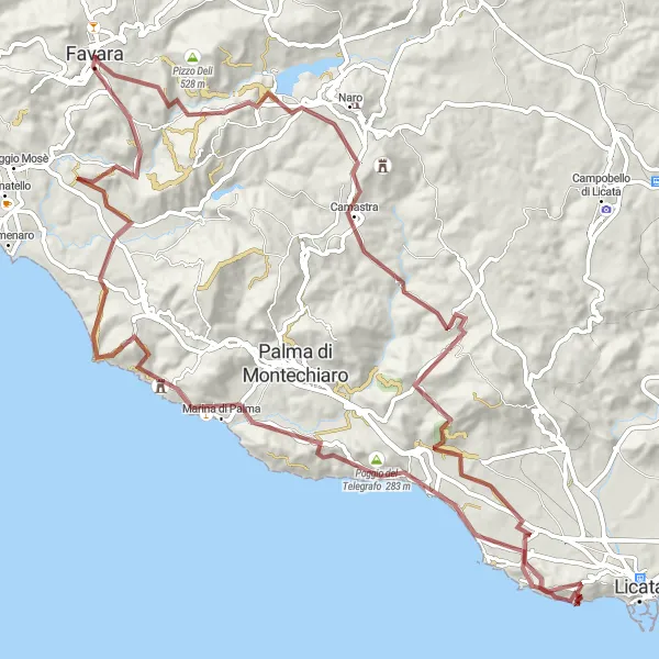 Map miniature of "Gravel Exploration of Favara" cycling inspiration in Sicilia, Italy. Generated by Tarmacs.app cycling route planner