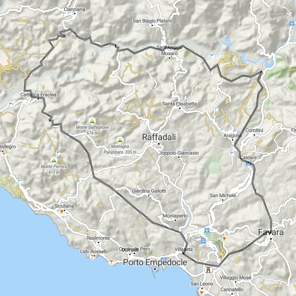 Map miniature of "Temples and Peaks" cycling inspiration in Sicilia, Italy. Generated by Tarmacs.app cycling route planner