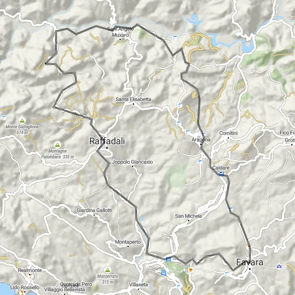 Map miniature of "Exploring Agrigento" cycling inspiration in Sicilia, Italy. Generated by Tarmacs.app cycling route planner