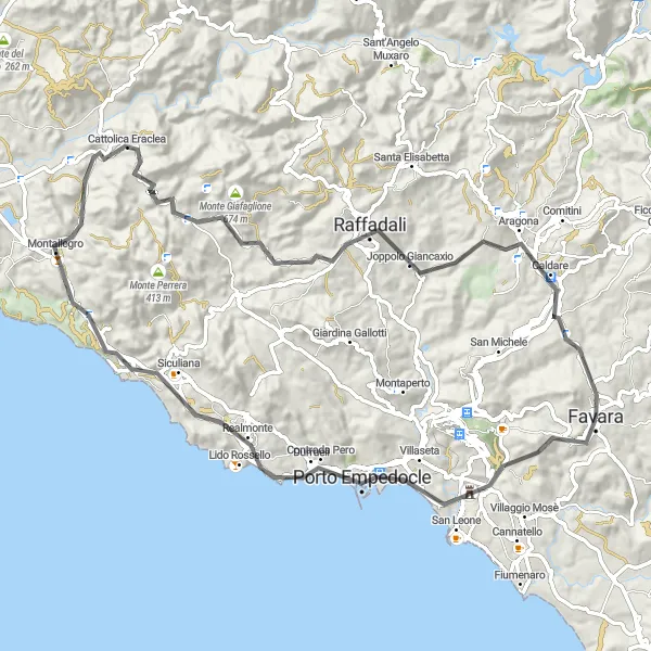Map miniature of "The Coastal Adventure" cycling inspiration in Sicilia, Italy. Generated by Tarmacs.app cycling route planner