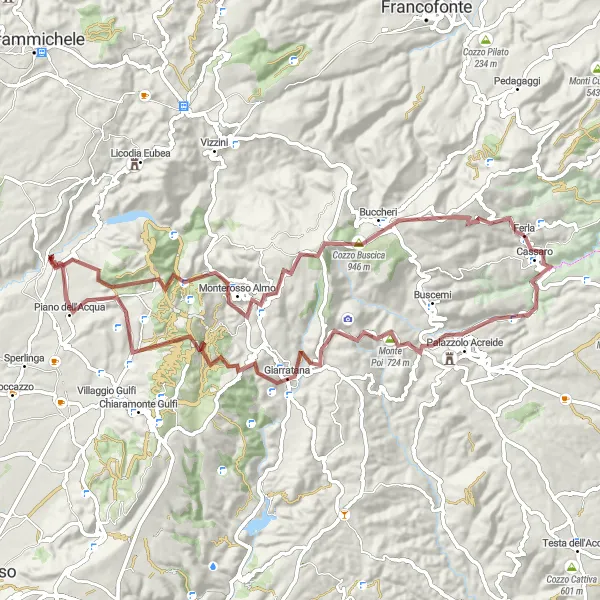 Map miniature of "Gravel adventure around Ferla" cycling inspiration in Sicilia, Italy. Generated by Tarmacs.app cycling route planner