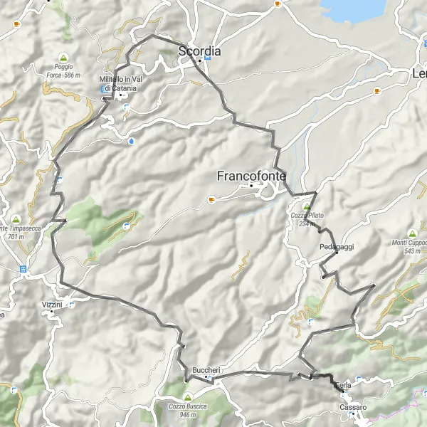 Miniatura della mappa di ispirazione al ciclismo "Giro in bicicletta da Ferla a Militello in Val di Catania" nella regione di Sicilia, Italy. Generata da Tarmacs.app, pianificatore di rotte ciclistiche