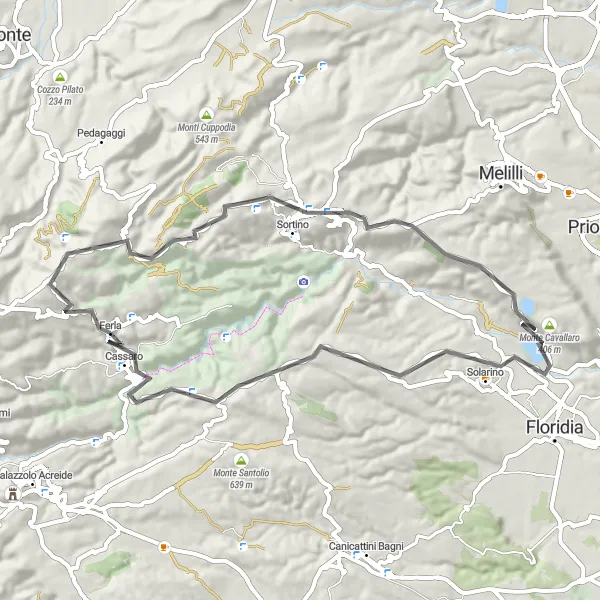 Miniatura della mappa di ispirazione al ciclismo "Escursione in bicicletta da Ferla a Solarino e Cassaro" nella regione di Sicilia, Italy. Generata da Tarmacs.app, pianificatore di rotte ciclistiche