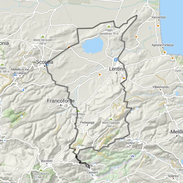 Miniatura della mappa di ispirazione al ciclismo "Giro panoramico in bicicletta da Ferla a Carlentini" nella regione di Sicilia, Italy. Generata da Tarmacs.app, pianificatore di rotte ciclistiche