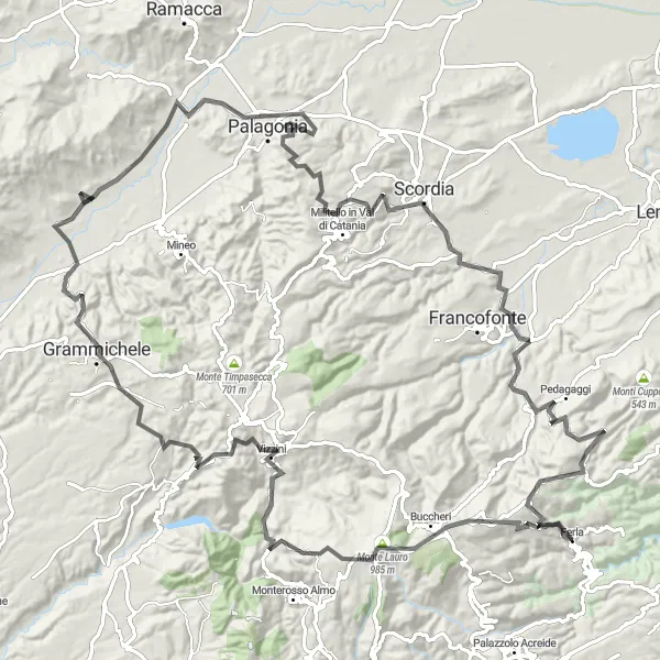 Miniatura della mappa di ispirazione al ciclismo "Avventura in bicicletta tra Buccheri e Scordia" nella regione di Sicilia, Italy. Generata da Tarmacs.app, pianificatore di rotte ciclistiche