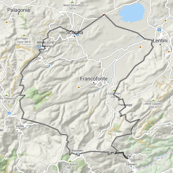 Map miniature of "Ferla - Militello in Val di Catania - Scordia Loop" cycling inspiration in Sicilia, Italy. Generated by Tarmacs.app cycling route planner