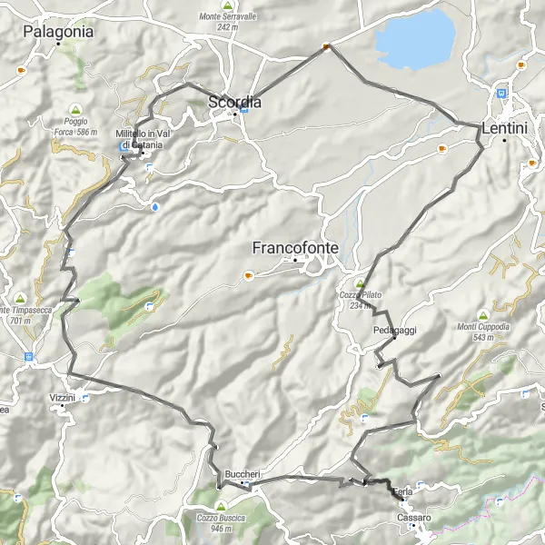 Miniatura della mappa di ispirazione al ciclismo "Cicloturismo tra Ferla e Militello in Val di Catania" nella regione di Sicilia, Italy. Generata da Tarmacs.app, pianificatore di rotte ciclistiche