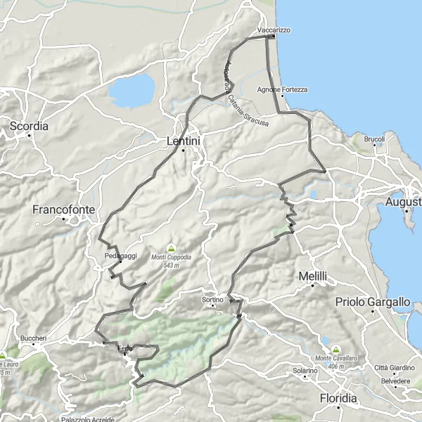 Map miniature of "Ferla - Monte Rigoria - Villasmundo - Cassaro Loop" cycling inspiration in Sicilia, Italy. Generated by Tarmacs.app cycling route planner