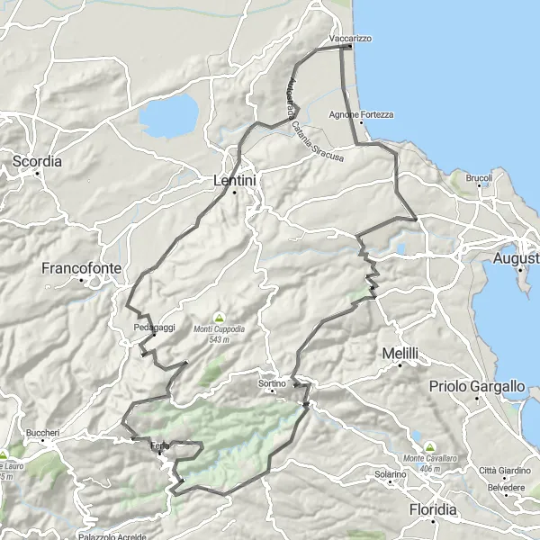 Miniatura della mappa di ispirazione al ciclismo "Avventura ciclistica attraverso Ferla, Lentini e Cassaro" nella regione di Sicilia, Italy. Generata da Tarmacs.app, pianificatore di rotte ciclistiche