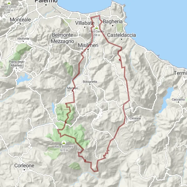 Miniatura della mappa di ispirazione al ciclismo "Giro in Gravel da Ficarazzi a Ficuzza" nella regione di Sicilia, Italy. Generata da Tarmacs.app, pianificatore di rotte ciclistiche