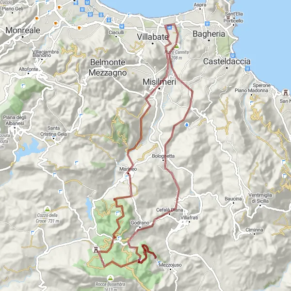 Miniatura della mappa di ispirazione al ciclismo "Avventura Gravel tra Monte Porcara e Misilmeri" nella regione di Sicilia, Italy. Generata da Tarmacs.app, pianificatore di rotte ciclistiche