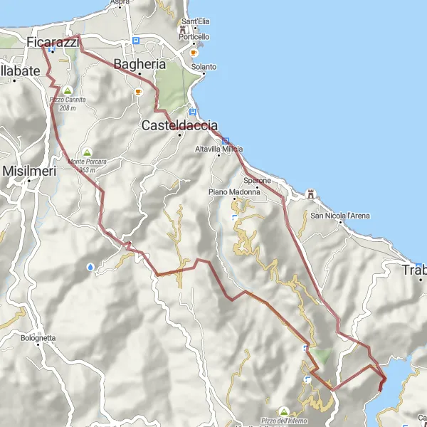 Map miniature of "Discovering Coastal Gems" cycling inspiration in Sicilia, Italy. Generated by Tarmacs.app cycling route planner