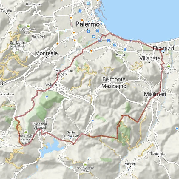 Map miniature of "Challenging Mountain Gravel Adventure" cycling inspiration in Sicilia, Italy. Generated by Tarmacs.app cycling route planner