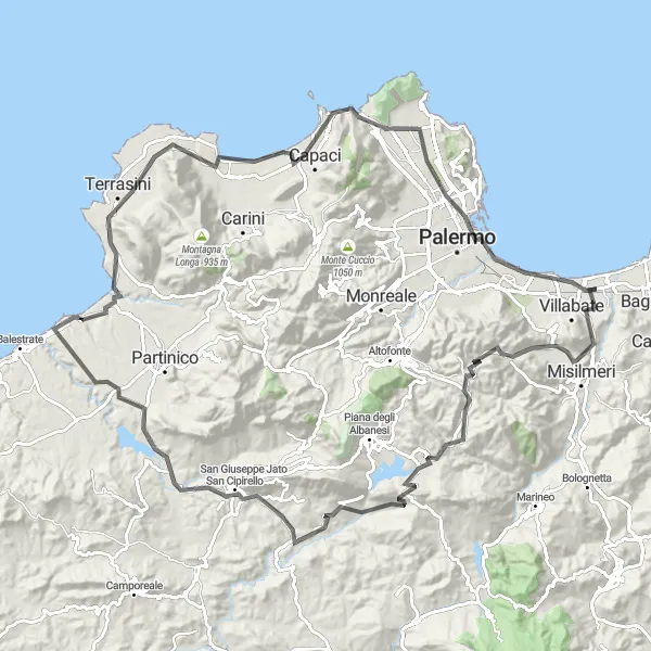 Map miniature of "The Ultimate Mountain Adventure" cycling inspiration in Sicilia, Italy. Generated by Tarmacs.app cycling route planner