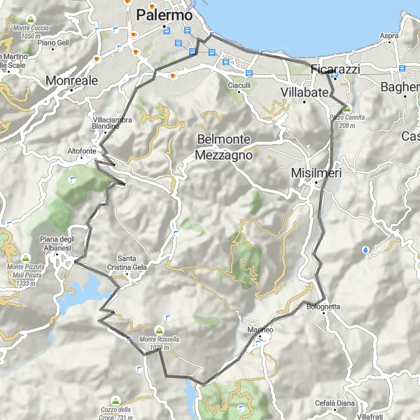Miniatura della mappa di ispirazione al ciclismo "Giro tra Misilmeri e Ficarazzi" nella regione di Sicilia, Italy. Generata da Tarmacs.app, pianificatore di rotte ciclistiche