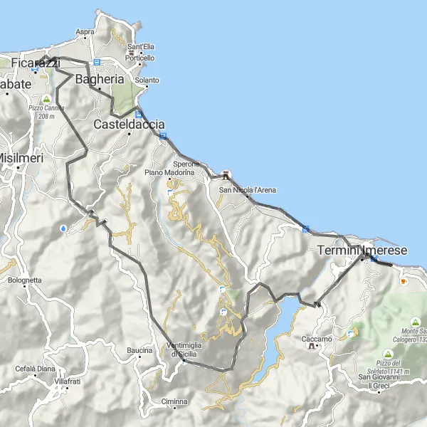 Map miniature of "The Coastal Adventure" cycling inspiration in Sicilia, Italy. Generated by Tarmacs.app cycling route planner