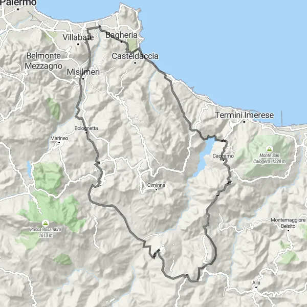 Miniatura della mappa di ispirazione al ciclismo "Tour in Bici da Ficarazzi a Misilmeri" nella regione di Sicilia, Italy. Generata da Tarmacs.app, pianificatore di rotte ciclistiche