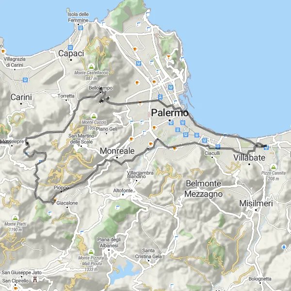 Map miniature of "Ficarazzi to Monreale Loop" cycling inspiration in Sicilia, Italy. Generated by Tarmacs.app cycling route planner