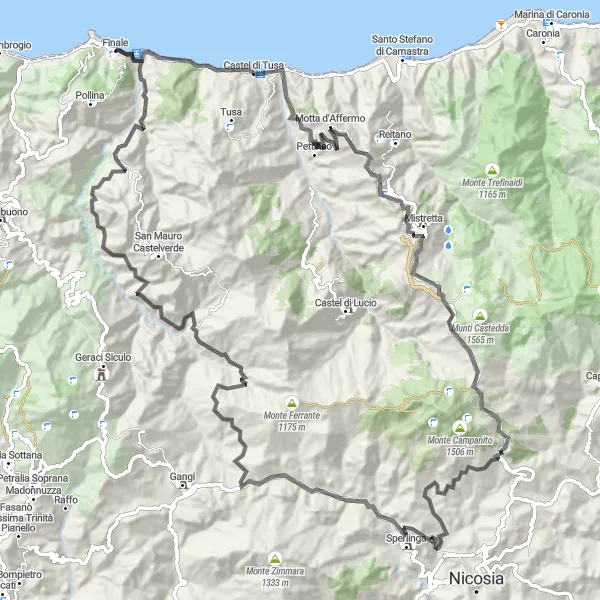 Miniatura della mappa di ispirazione al ciclismo "Giro da Finale a Sperlinga" nella regione di Sicilia, Italy. Generata da Tarmacs.app, pianificatore di rotte ciclistiche