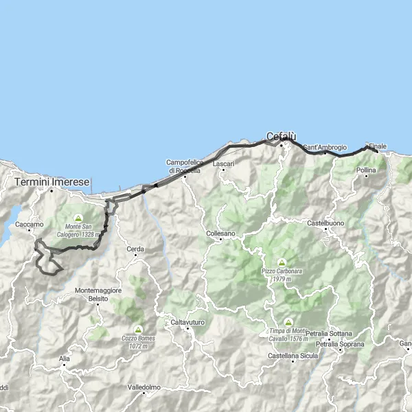 Miniatura della mappa di ispirazione al ciclismo "Giro delle Grotte di Cefalù" nella regione di Sicilia, Italy. Generata da Tarmacs.app, pianificatore di rotte ciclistiche
