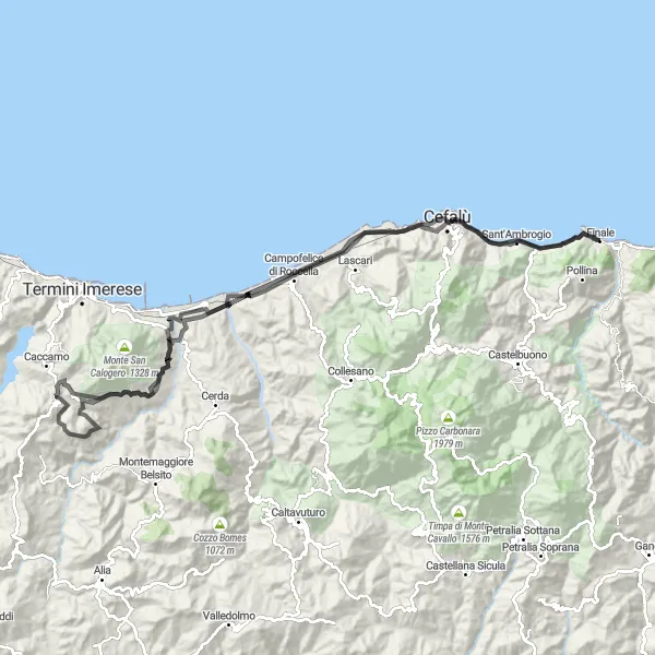 Map miniature of "Finale through Grotte, Buonfornello, Sciara, Pizzo Bosco, Temple of Victory, Campofelice di Roccella, Rocca di Cefalù" cycling inspiration in Sicilia, Italy. Generated by Tarmacs.app cycling route planner