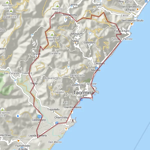 Miniatura della mappa di ispirazione al ciclismo "Rotta in bicicletta da Calatabiano a Giardini-Naxos" nella regione di Sicilia, Italy. Generata da Tarmacs.app, pianificatore di rotte ciclistiche