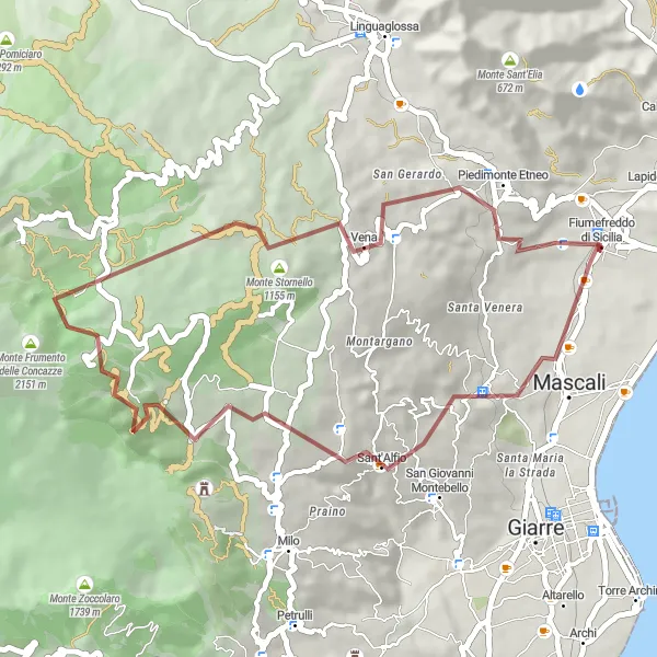 Miniatura della mappa di ispirazione al ciclismo "Avventura in bicicletta da Sant'Alfio a Presa" nella regione di Sicilia, Italy. Generata da Tarmacs.app, pianificatore di rotte ciclistiche