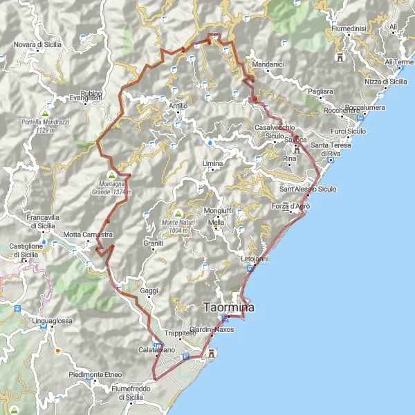 Miniatura della mappa di ispirazione al ciclismo "Tour in bicicletta da Gaggi a Taormina" nella regione di Sicilia, Italy. Generata da Tarmacs.app, pianificatore di rotte ciclistiche
