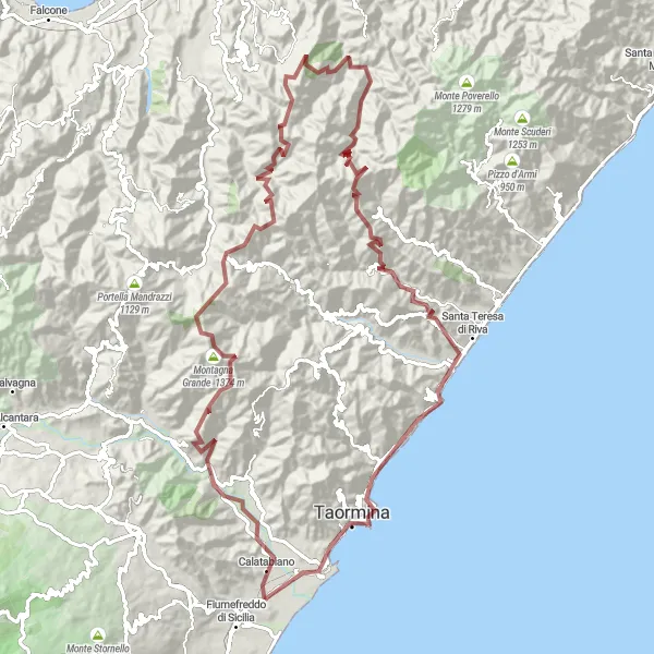 Map miniature of "Gravel Adventure: Calatabiano - Giardini-Naxos Loop" cycling inspiration in Sicilia, Italy. Generated by Tarmacs.app cycling route planner