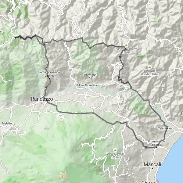 Miniatura della mappa di ispirazione al ciclismo "Tour dei monti Siciliani" nella regione di Sicilia, Italy. Generata da Tarmacs.app, pianificatore di rotte ciclistiche